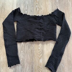 Intimately Free People Black Off Shoulder Seamless Textured Crop Long Sleeve